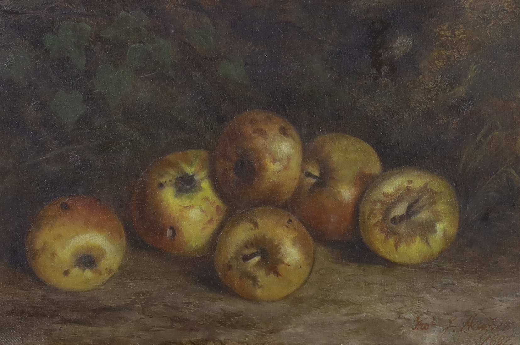 19th century, pair of oils on canvas, Still life of fruit, each indistinctly signed, one dated 1882, each with Matthias Watts label verso, 29 x 19cm